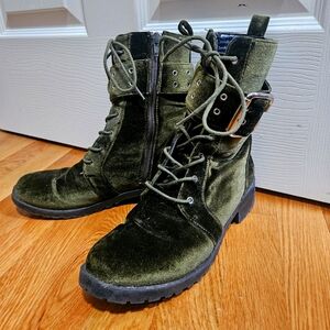 Olive Green Velvet Combat Boots